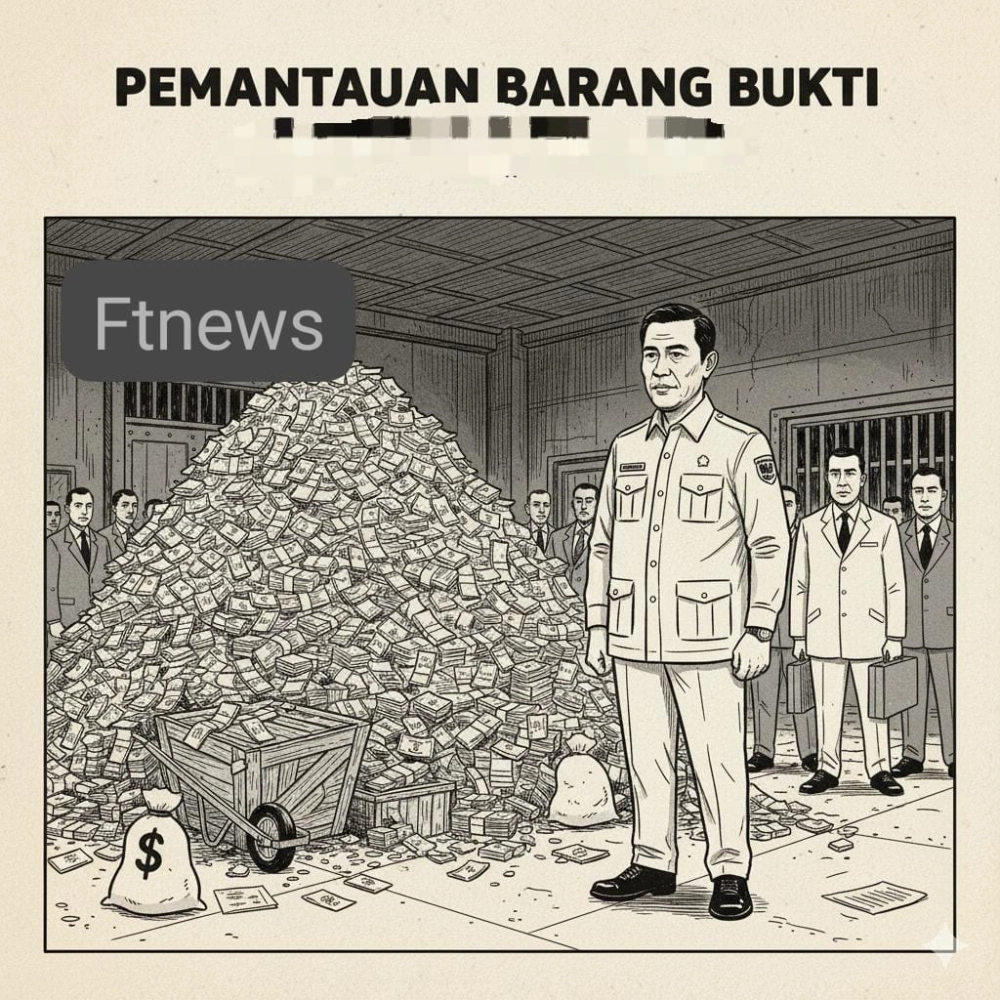 Karikatur Prabawo Periksa Barang Bukti Uang Hasil Korupsi
